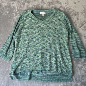 Christopher & Banks 3/4 Sleeve Aqua/White Cotton V-neck Sweater - Women’s XL
